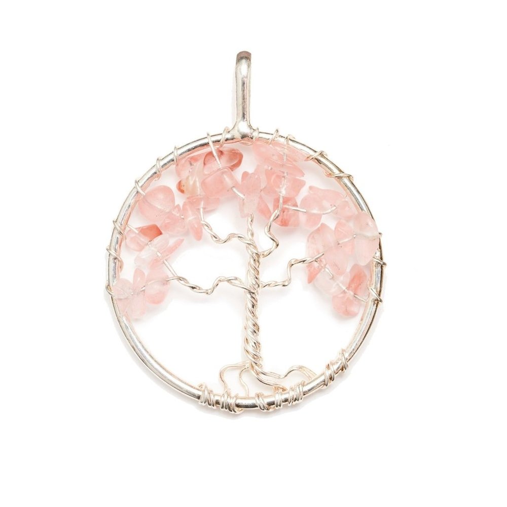 Round Silver Pendant Wire Wrapped Rose Quartz Tree of Life Fashion Necklace